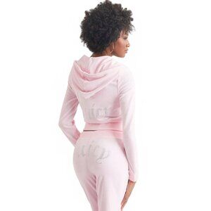 JUICY COUTURE OG Bling Velour TRACKSUIT 2 Piece Set Pink Sweatsuit Size L NWT